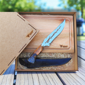 Kit Presente Pluma Bianco – Faca artesanal P/Churrasco + Tabua churrasco + Caixa P/Presente + Case em Couro